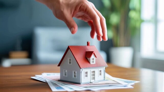 Person hand placing small model house on top of financial documents on wooden table surface with placing detailed miniature human