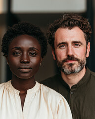 Fototapeta premium Portrait of a serious black woman and white man standing closely together, looking directly at the camera with a neutral background.