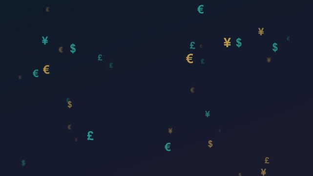 Currency Symbols Floating Upward Golden Teal Seamless Loop 4K