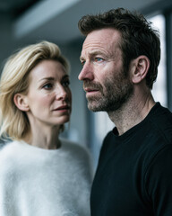 Obraz premium A serious man and woman stand close indoors, both looking contemplative and focused, suggesting a moment of reflection or deep conversation.