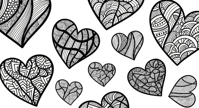 A collection of black and white hearts filled with intricate zentangle patterns and designs.