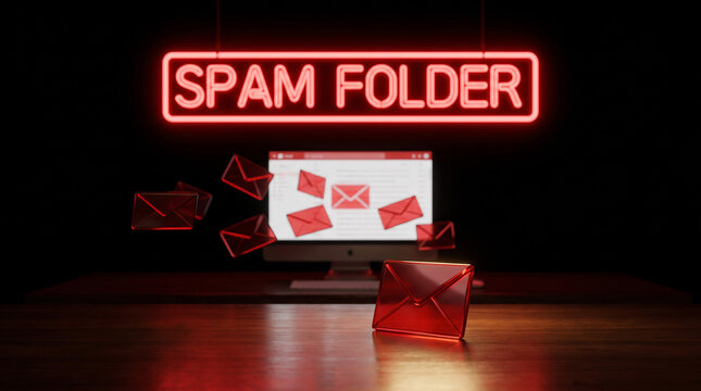 Glowing neon spam folder sign illuminating multiple red digital mail envelopes inside dark modern office space