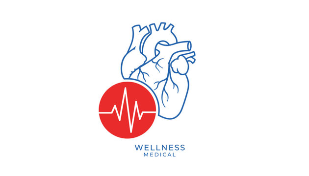 Medical cardiology wellness logo with a line art drawing of human heart and a red heartbeat pulse circle.