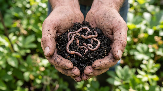 Hands holding soil with earthworms showcasing soil health and the importance of worms in gardening and agriculture for sustainable ecosystems
