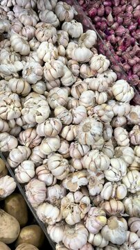 Piles of garlic and shallots are neatly stored. Garlic and shallots are frequently used kitchen seasonings.