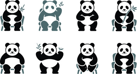 Collection of eight adorable cartoon panda icons sitting on chairs holding bamboo shoots © Shahin Stock