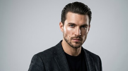 Fototapeta premium A man with slicked-back hair wearing a black suit jacket and black shirt, standing against a plain white background.