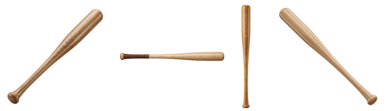 Classic wooden baseball bats displayed in different angles showcasing natural grain textures and professional sporting equipment design on transparent background