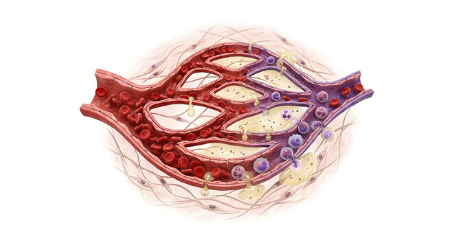 Acute Inflammation and Vasodilation: 3D Scientific Render of Blood Vessels Leaking Fluid and White Blood Cells