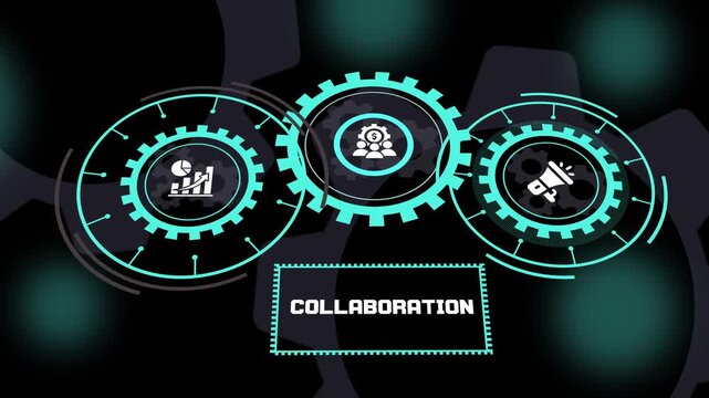 Business Collaboration concept with futuristic digital dashboard showcasing teamwork, communication, shared innovation, enterprise productivity and strategic partnership.
