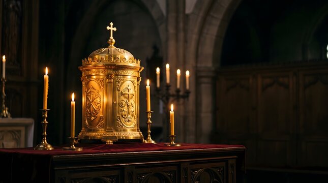 Golden reliquary with lit candles in dark church, sacred artifact and religious devotion catholic tradition, sacred worship, religious devotion