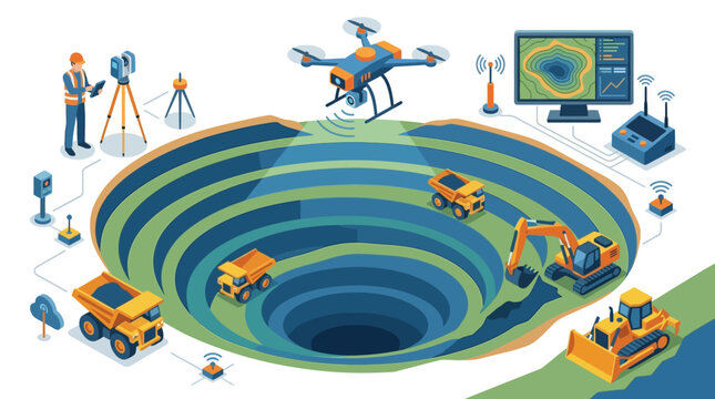 Mining Site Survey with Drone, Excavators, Surveyors, and Digital Mapping