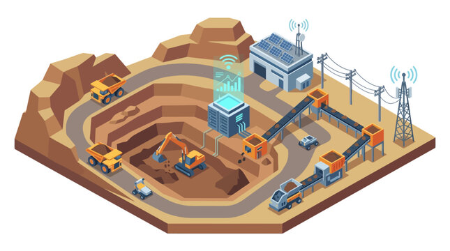 Isometric Open Pit Mining Site with Heavy Equipment and Control Tower