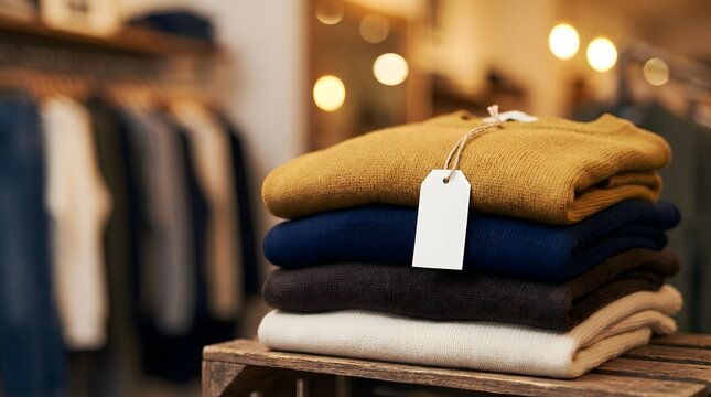Stack of folded warm sweaters with price tags in a clothing store for black friday
