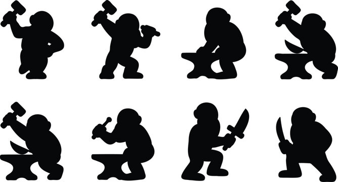 Silhouettes of blacksmiths and cutters performing various manual labor and craft activities