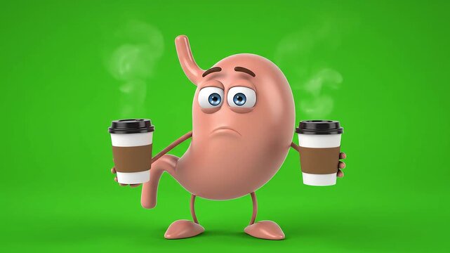 Cartoon stomach character looking sad while holding two steaming coffee cups on a green background, illustrating digestive discomfort from caffeine.