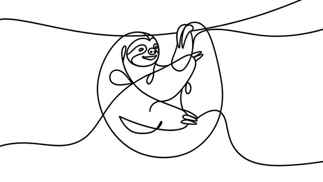 Sloth hanging from branch white background.