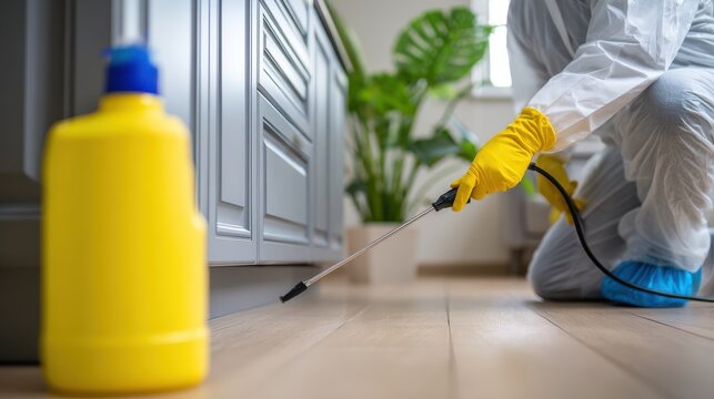 Pest control technician in protective suit spraying insecticide along the floor. Professional disinfection.