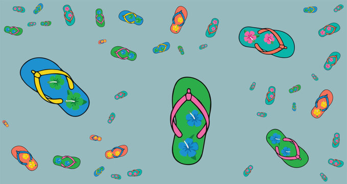 colorful flip flops in vibrant shades with floral patterns arranged on a cool blue background for casual leisure footwear imagery