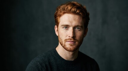 Fototapeta premium A man with red hair and beard, wearing a dark sweater, against a dark background.