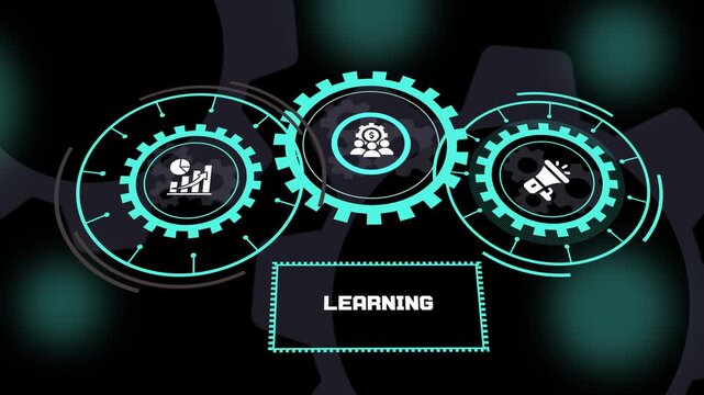 Learning concept featuring futuristic digital business dashboard, employee knowledge development, continuous education and professional workforce advancement.