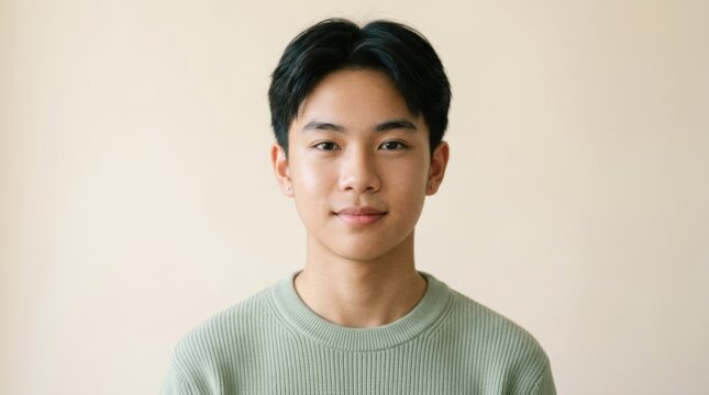 A young man in a green sweater against a plain background.