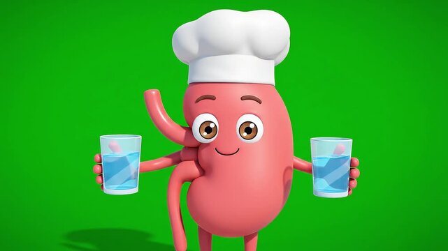 A cute cartoon kidney character wearing a chef's hat, smiling and holding two glasses of water, against a vibrant green screen background.
