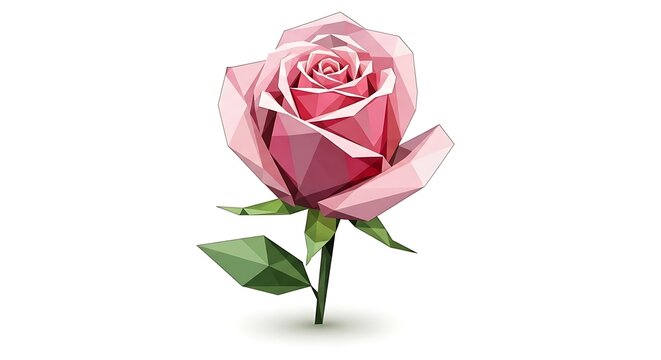 A beautiful geometric lowpoly style pink rose flower illustration featuring sharp triangular facets isolated on a clean white background for modern design
