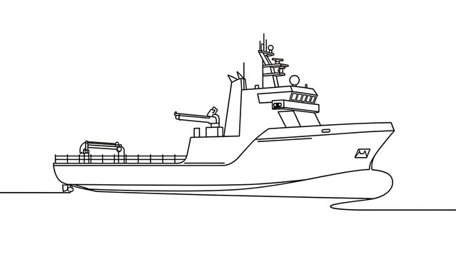Military cargo ship line drawing white background.