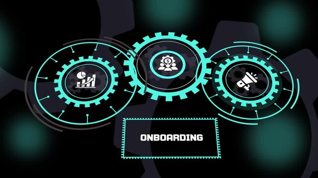 Employee Onboarding concept featuring futuristic HR dashboard, workforce integration, organizational orientation, talent development and business success.