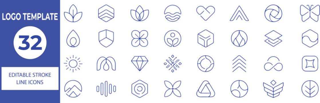 32 Logo Template Vector Outline Icons Set,Abstract, Geometric, Creative Brand Marks and Minimal Line Logo Symbols Collection,Editable Stroke