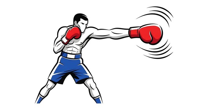 A vector illustration of a professional boxer wearing blue shorts and red gloves throwing a powerful punch on isolated white background