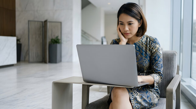 Asian Businesswoman Working on Laptop in Modern Office Lobby