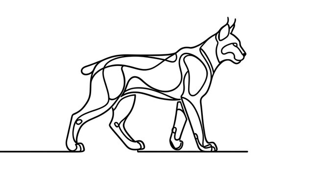 Minimalist line art of a walking cat white background.