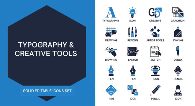 Professional Typography And Creative Tools Vector Icon Collection Featuring Modern Graphic Design Elements And Illustrative Stationery Symbols