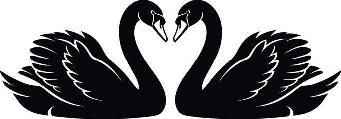 Vector silhouettes of two swans forming heart shape with curved necks, symbolizing love, unity, romance, harmony, affection, and elegant decorative design element © Md Monzer Ali