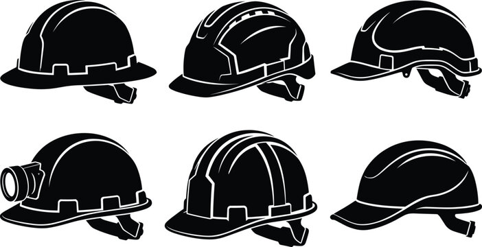 Vector silhouettes of safety helmets and hard hats in varied industrial designs, protective headgear illustration, construction and mining equipment artwork for commercial projects