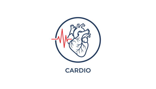 Cardio health logo featuring an anatomical heart illustration inside a circle with a red heartbeat line.
