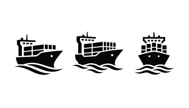 Container ship icons showing cargo vessels from different angles and perspectives isolated on white background.
