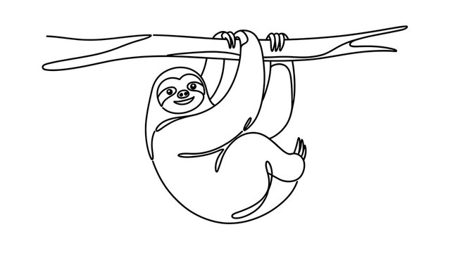 Cute sloth hanging from branch white background.