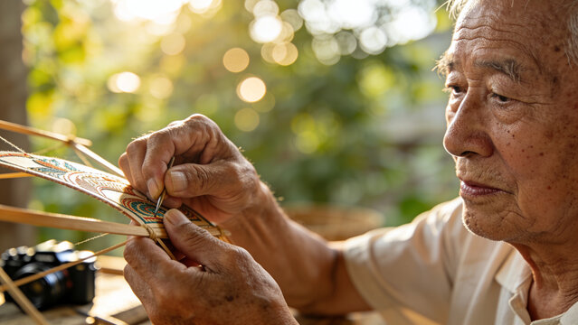 Elderly person engaged in craft work with skilled hands and focus