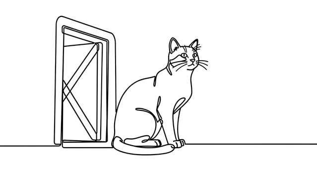 Siamese cat sitting by door white background.