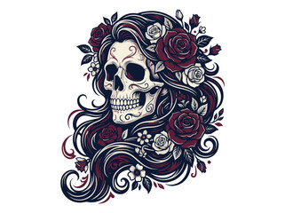 Fototapeta premium Sugar Skull Woman with Roses and Swirling Hair Day of the Dead Style Art