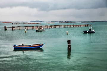 Porto Tolle, Rovigo, Veneto, Italy. Sacca degli Scardovari bay, a large lagoon located on the Po River delta in the Adriatic Sea, with Mediterranean mussel farms and fishing boats. © ermess