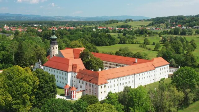 Aerial view of Cistercian monastery in town of Kostanjevica na Krki, Slovenia, Europe