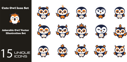 Obraz premium A collection of fifteen cute cartoon owl character illustrations featuring various expressions and styles for creative design projects