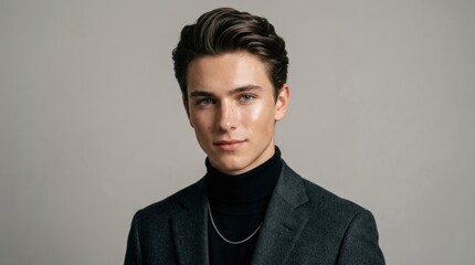 Fototapeta premium A young man in a suit and tie, standing against a plain background.