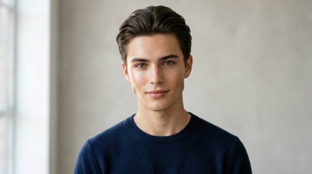 A young man with dark hair wearing a blue sweater, standing in a minimalist indoor setting with a light-colored wall.