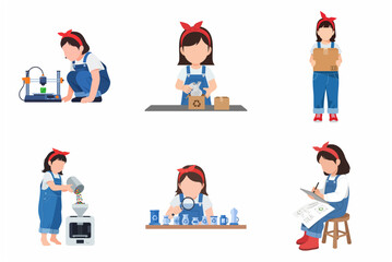 Fototapeta premium Set of illustrations of a young girl engaged in sustainable manufacturing, 3D printing, and eco-friendly recycling processes. Child learning circular economy and creative production.