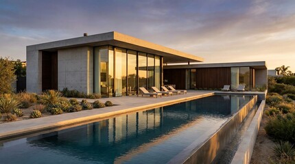 Fototapeta premium Modern Concrete Luxury Residence With Infinity Pool at Sunset in Desert Landscape